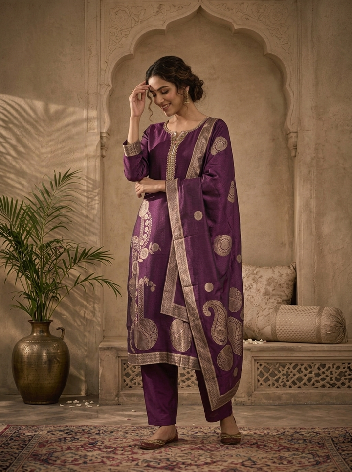 Purple Silk Abstract Motifs Weaved Three Piece Set