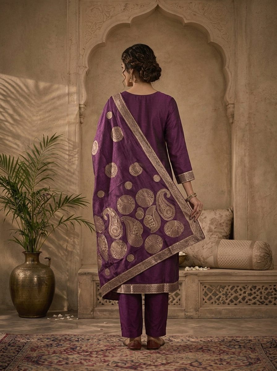 Purple Silk Abstract Motifs Weaved Three Piece Set