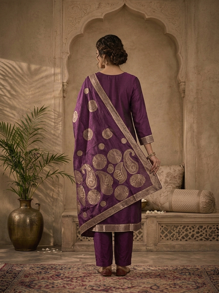 Purple Silk Abstract Motifs Weaved Three Piece Set