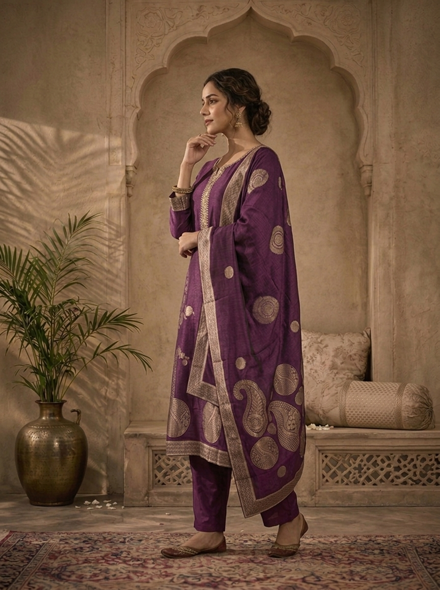 Purple Silk Abstract Motifs Weaved Three Piece Set