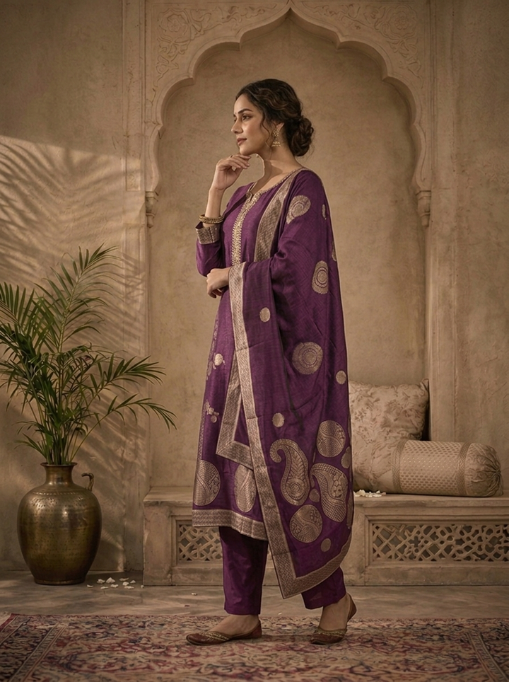 Purple Silk Abstract Motifs Weaved Three Piece Set
