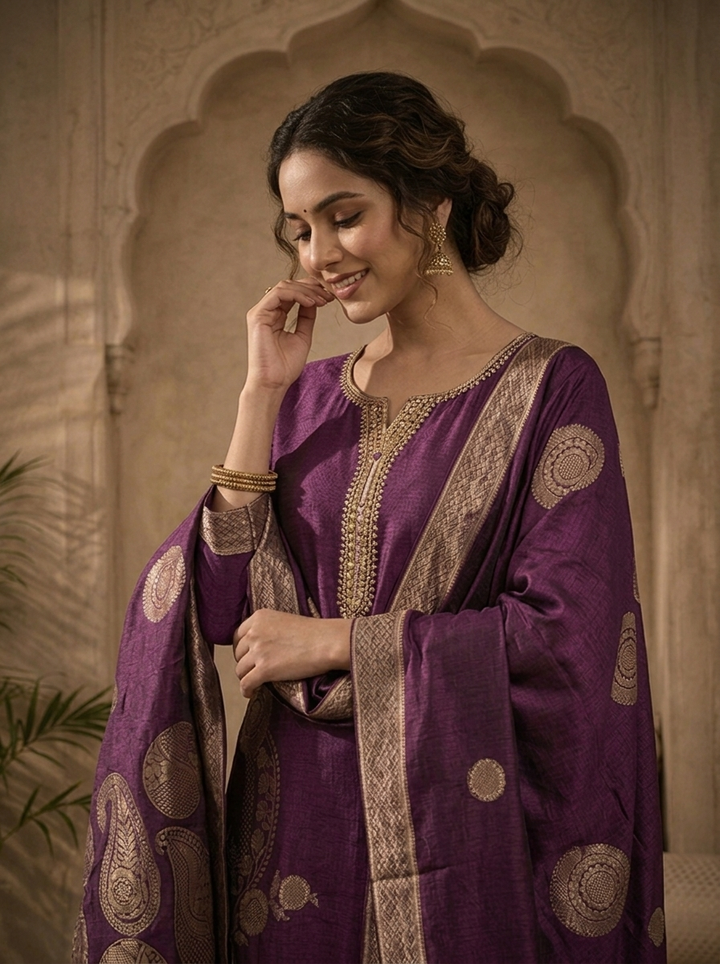 Purple Silk Abstract Motifs Weaved Three Piece Set