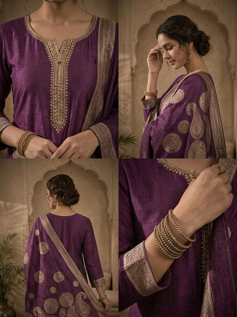 Purple Silk Abstract Motifs Weaved Three Piece Set