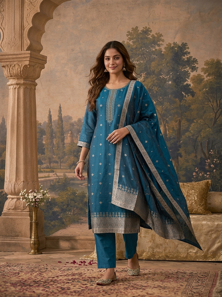 Peacock Silk Zari Butta Weaved Three Piece Set