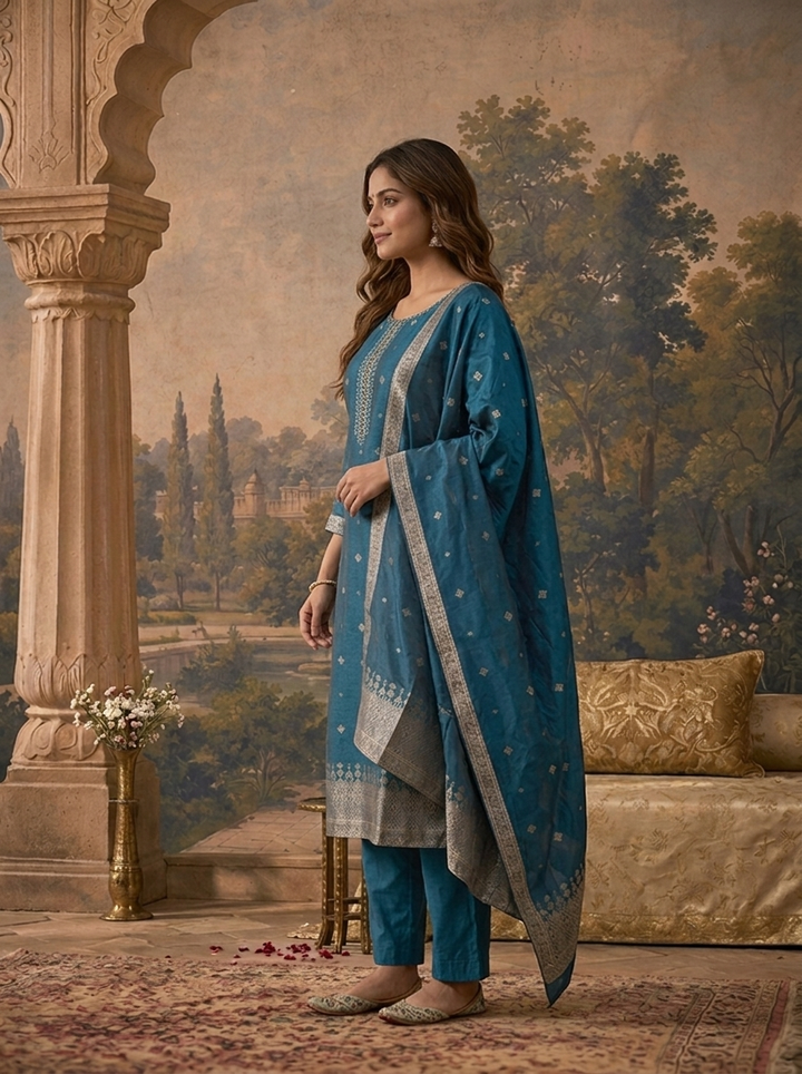 Peacock Silk Zari Butta Weaved Three Piece Set