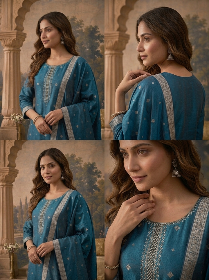 Peacock Silk Zari Butta Weaved Three Piece Set
