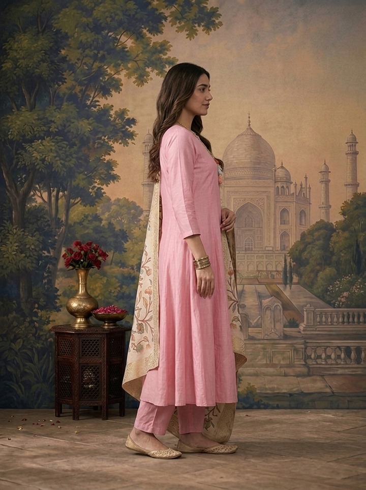 Baby Pink Muslin Solid With Stone Embroidered Three Piece Set