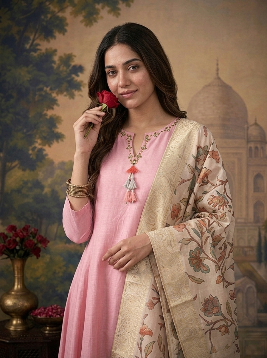 Baby Pink Muslin Solid With Stone Embroidered Three Piece Set