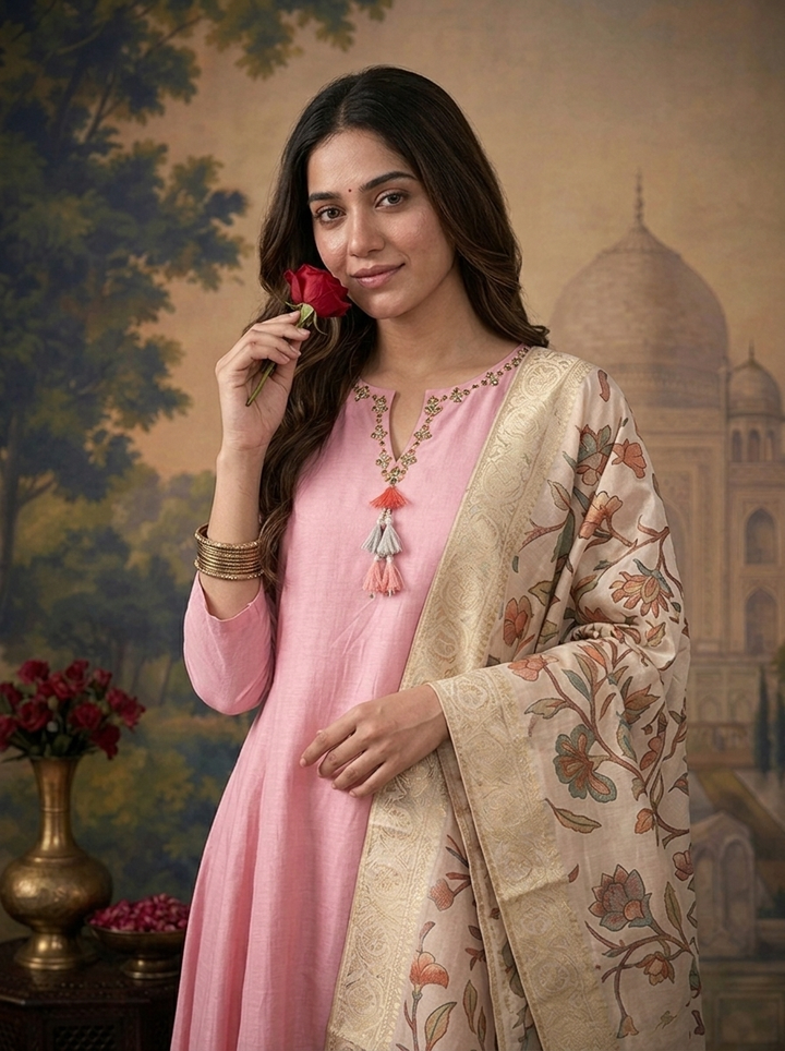Baby Pink Muslin Solid With Stone Embroidered Three Piece Set