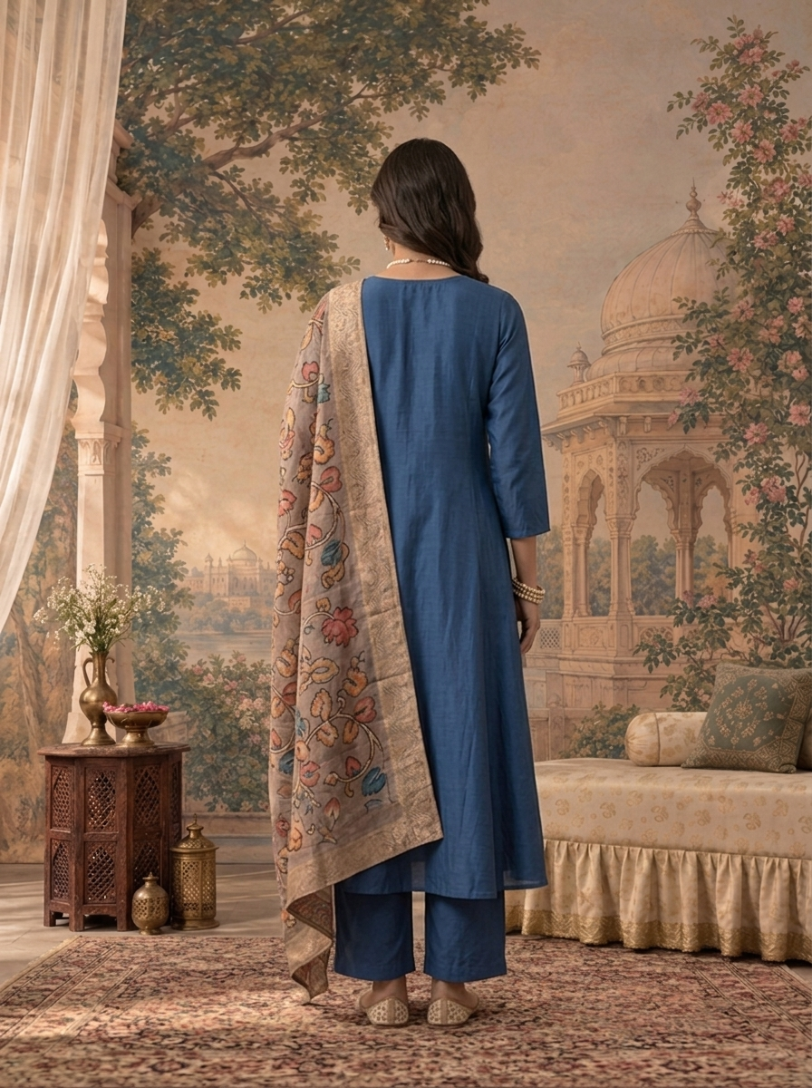 Blue Muslin Solid With Stone Embroidered Three Piece Set