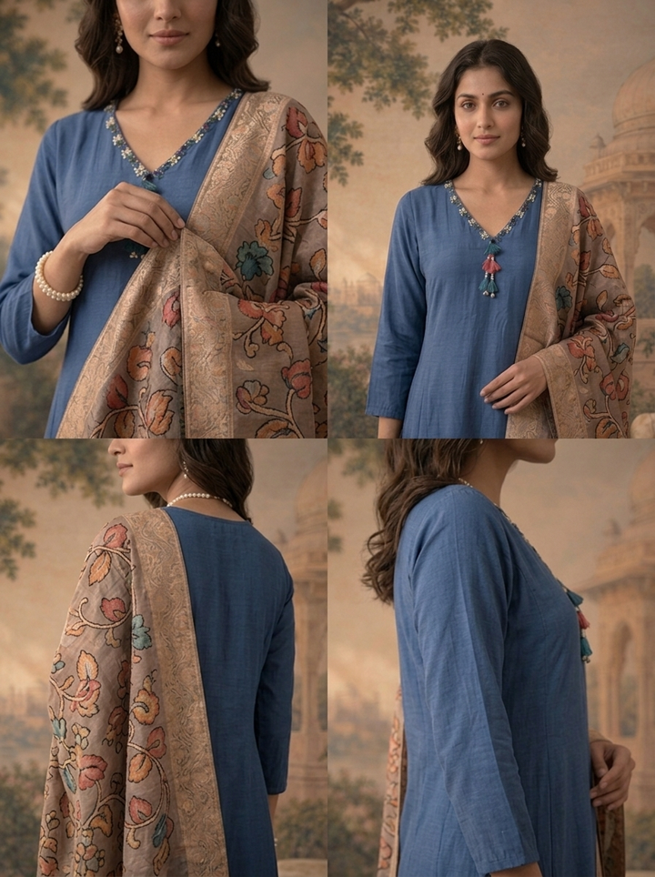 Blue Muslin Solid With Stone Embroidered Three Piece Set