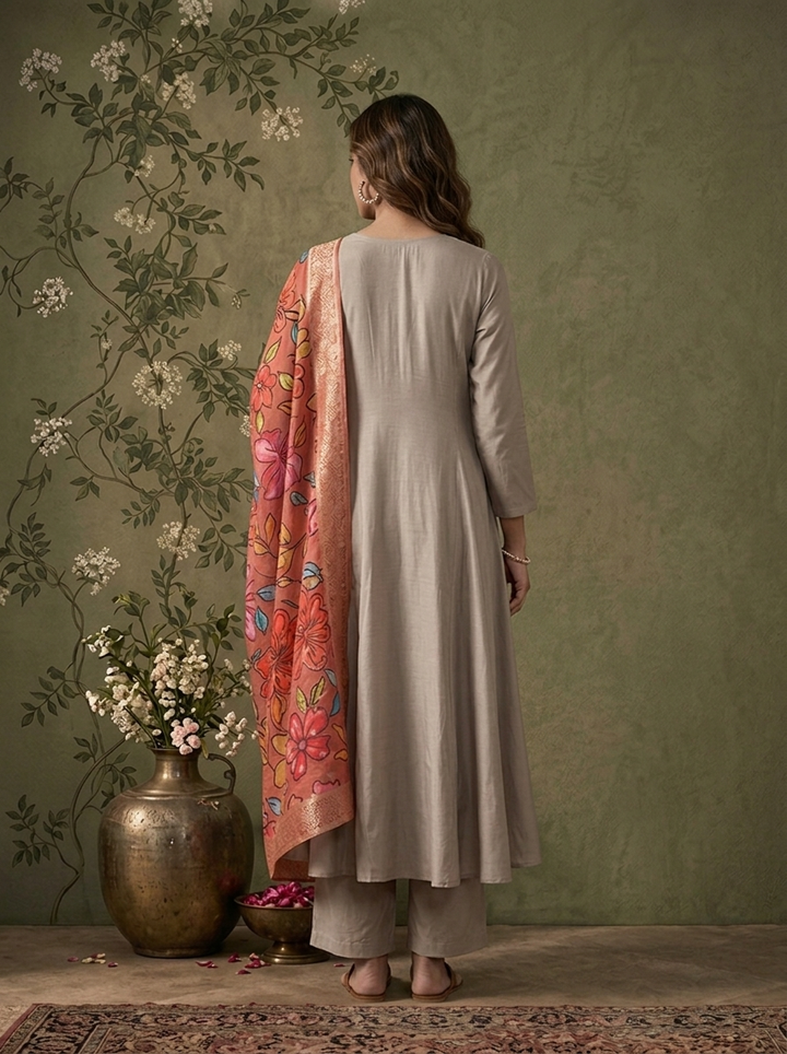 Grey Muslin Solid With Stone Embroidered Three Piece Set