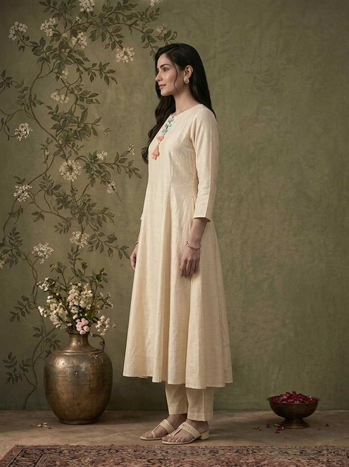 Cream Muslin Solid With Stone Embroidered Three Piece Set