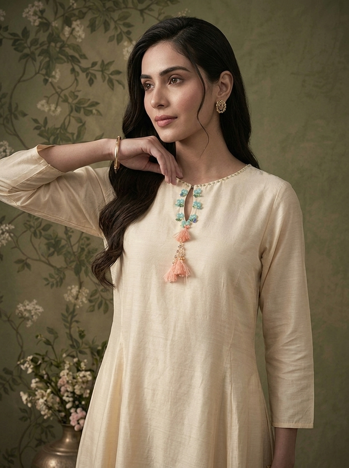 Cream Muslin Solid With Stone Embroidered Three Piece Set