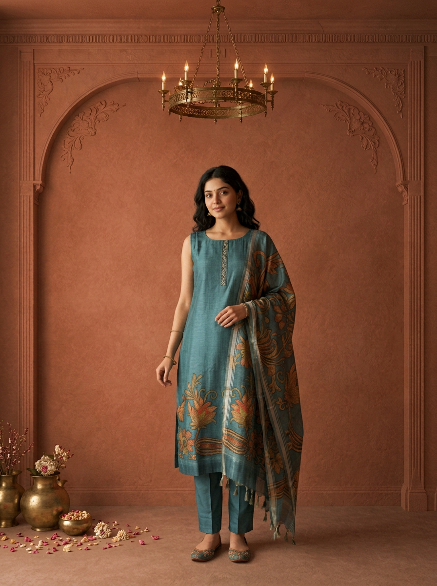 Peacock Silk Vintage Floral Printed Three Piece Set