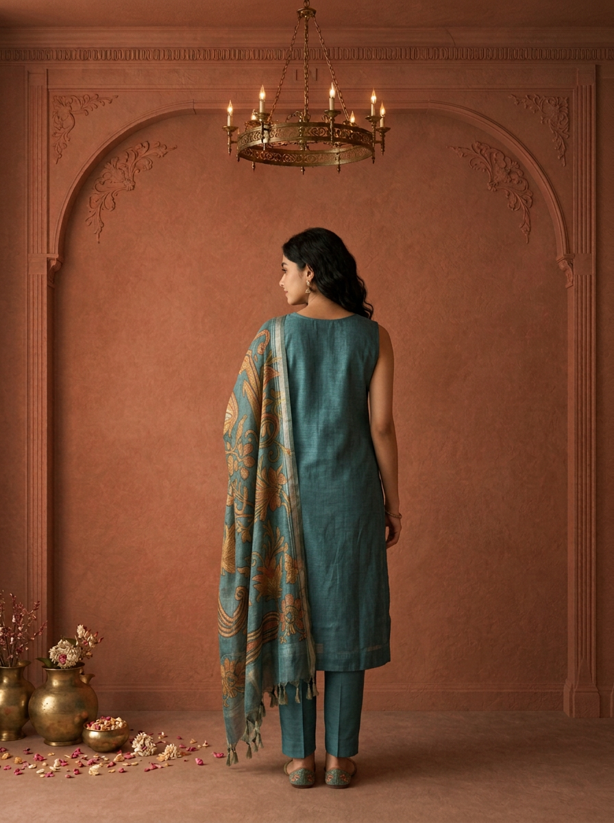 Peacock Silk Vintage Floral Printed Three Piece Set