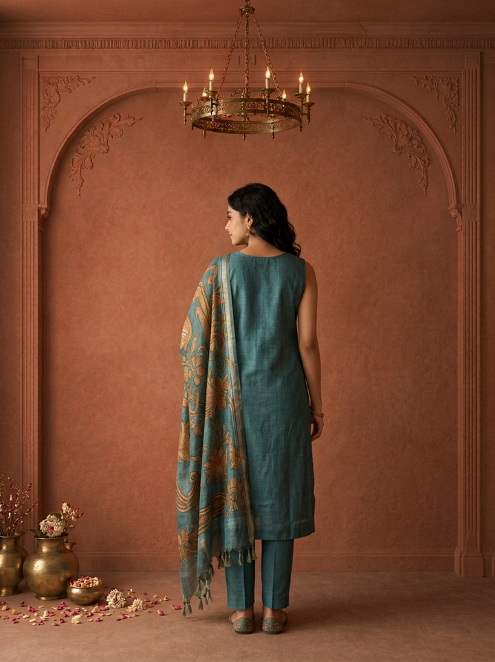 Peacock Silk Vintage Floral Printed Three Piece Set
