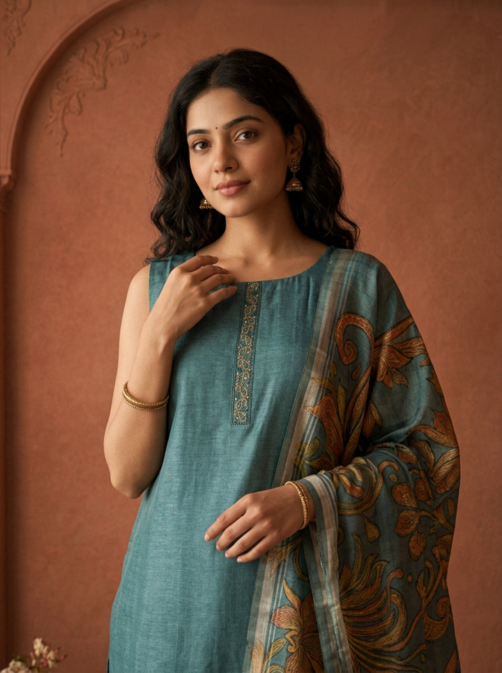 Peacock Silk Vintage Floral Printed Three Piece Set