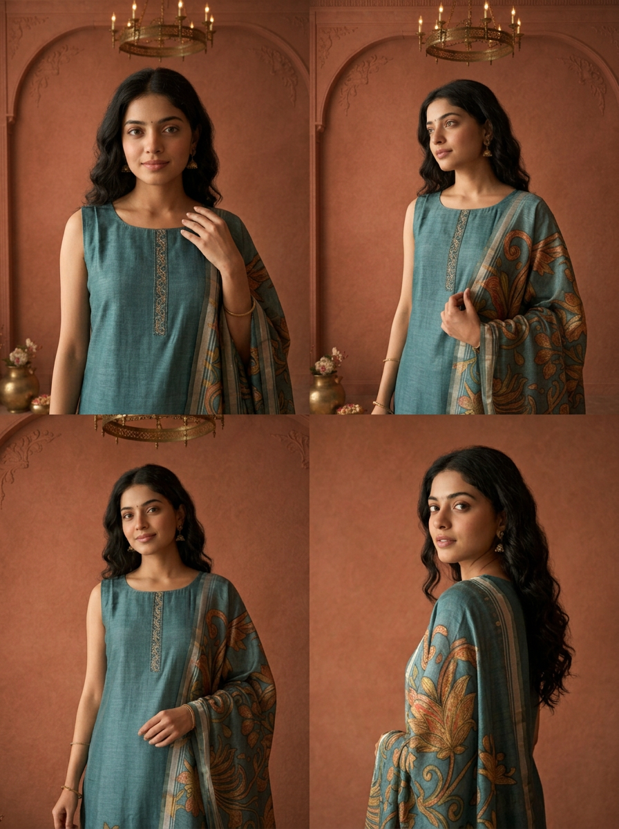 Peacock Silk Vintage Floral Printed Three Piece Set