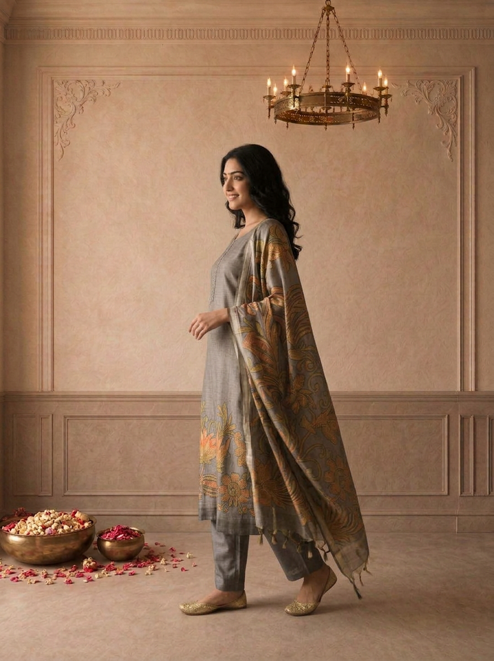 Grey Silk Vintage Floral Printed Three Piece Set