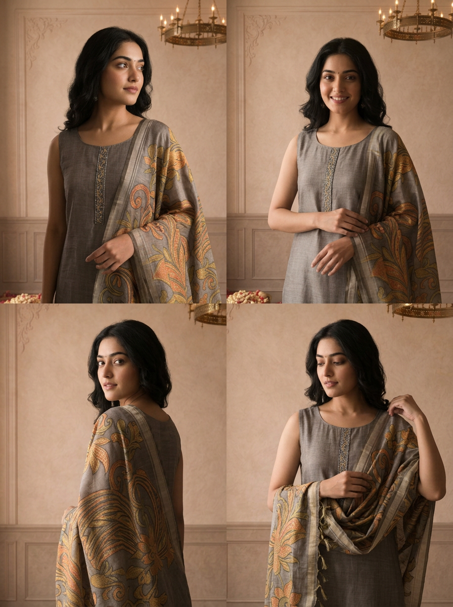 Grey Silk Vintage Floral Printed Three Piece Set