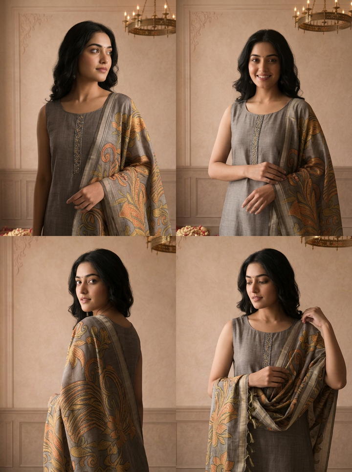 Grey Silk Vintage Floral Printed Three Piece Set