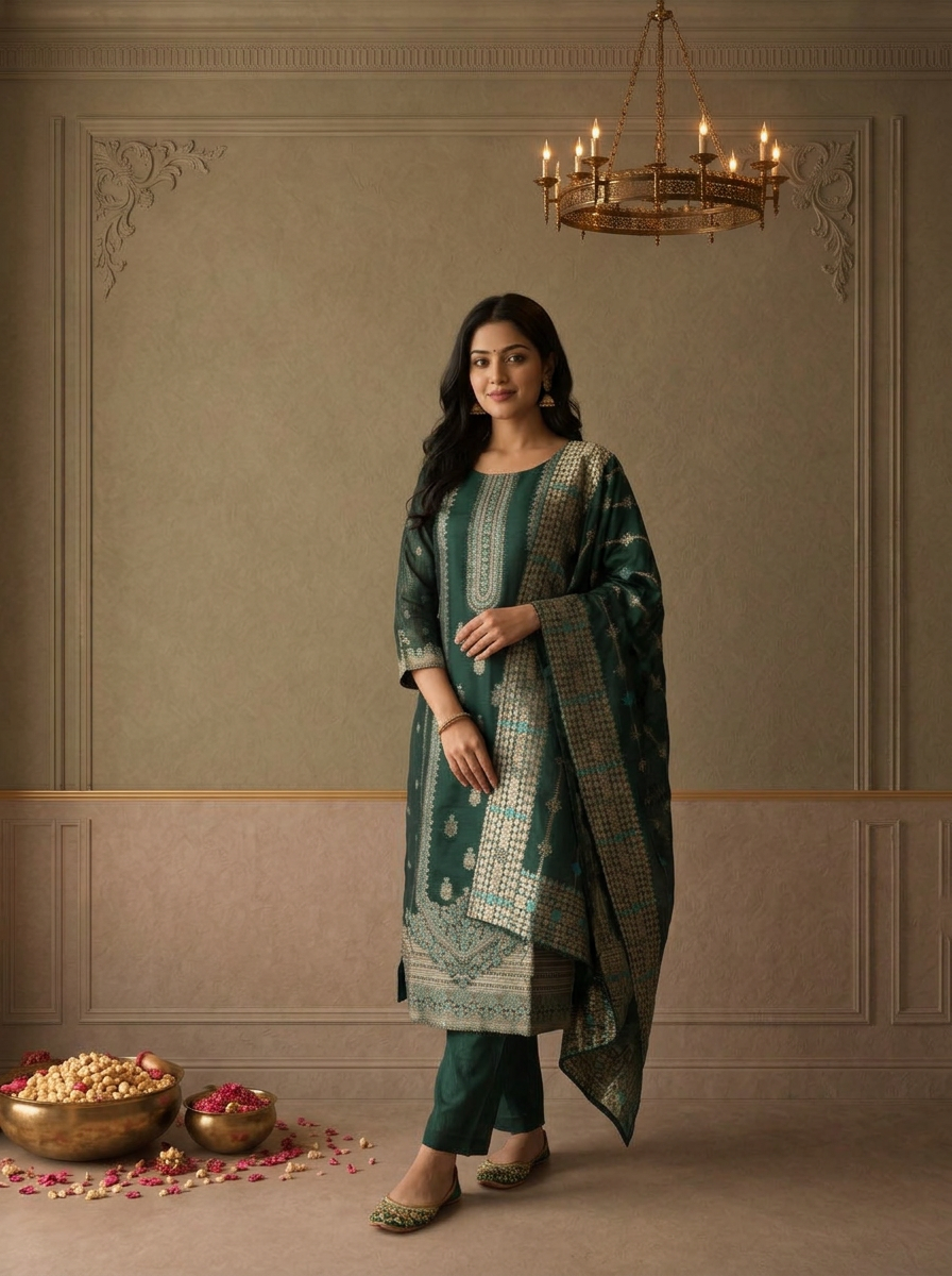 Bottle Green Silk Turquoise Zari Diagonal Jaal Weaved Three Piece Set