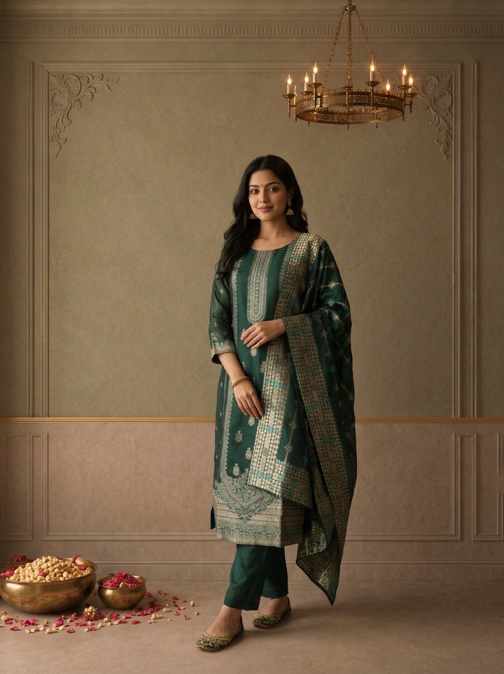 Bottle Green Silk Turquoise Zari Diagonal Jaal Weaved Three Piece Set