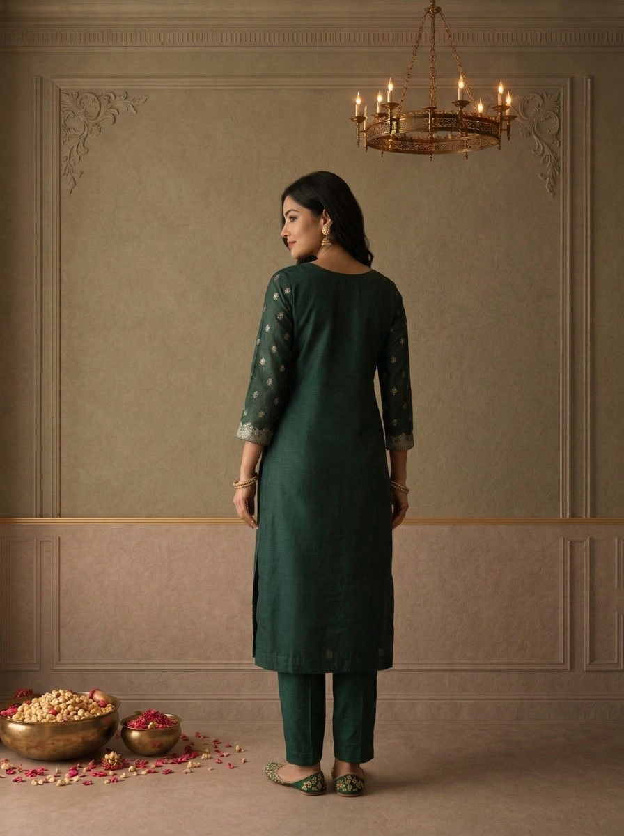 Bottle Green Silk Turquoise Zari Diagonal Jaal Weaved Three Piece Set