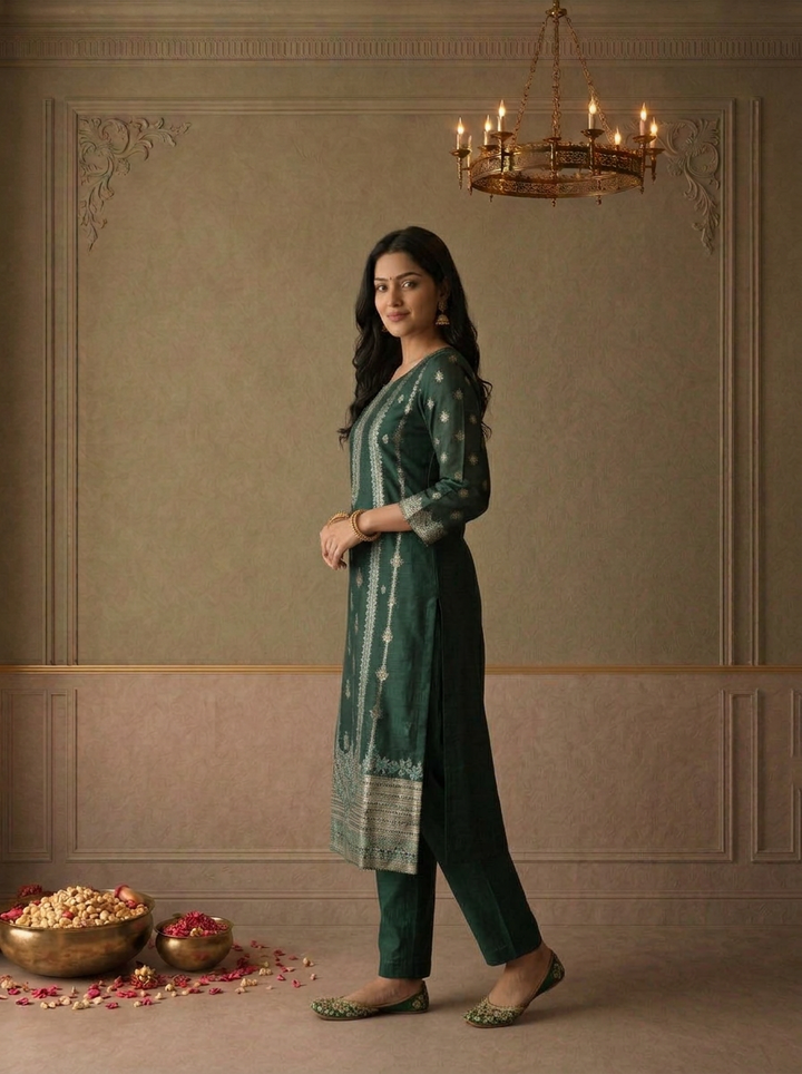 Bottle Green Silk Turquoise Zari Diagonal Jaal Weaved Three Piece Set