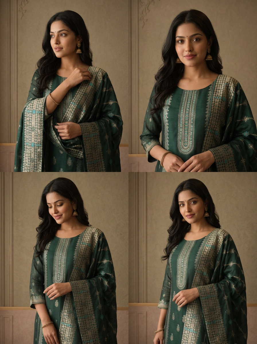 Bottle Green Silk Turquoise Zari Diagonal Jaal Weaved Three Piece Set