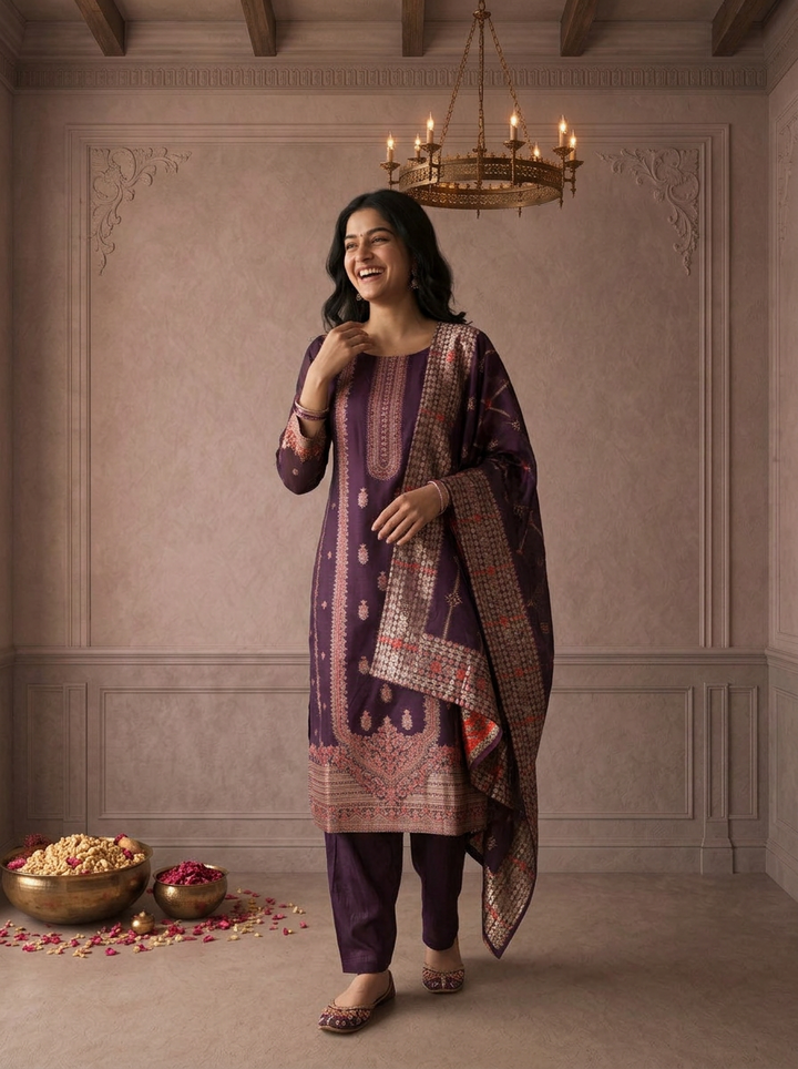 Wine Silk Turquoise Zari Diagonal Jaal Weaved Three Piece Set