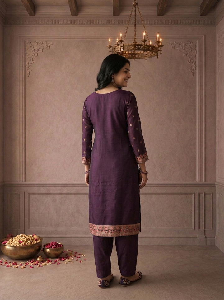 Wine Silk Turquoise Zari Diagonal Jaal Weaved Three Piece Set