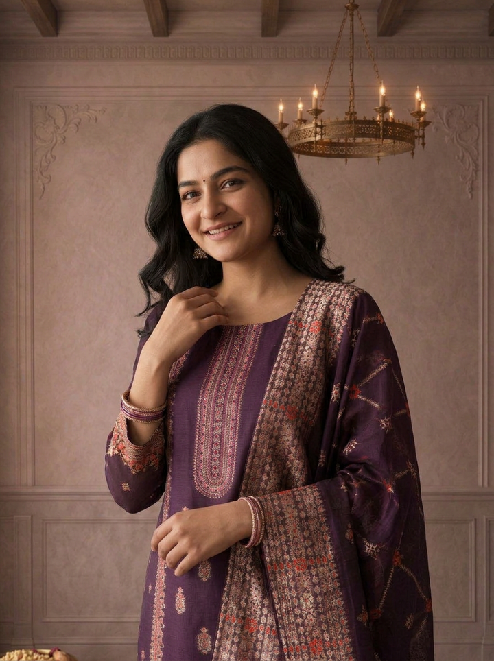 Wine Silk Turquoise Zari Diagonal Jaal Weaved Three Piece Set