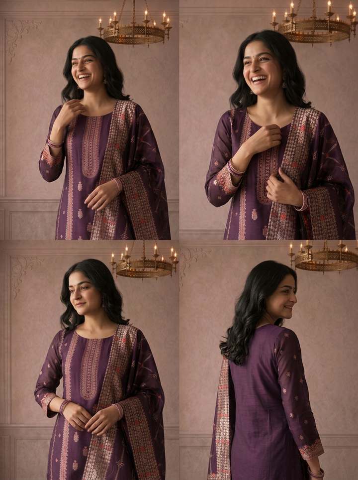 Wine Silk Turquoise Zari Diagonal Jaal Weaved Three Piece Set