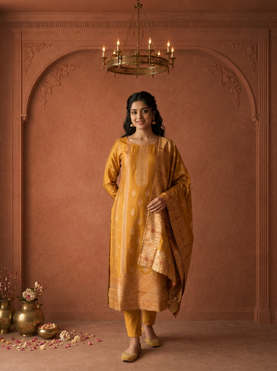 Mustard Silk Turquoise Zari Diagonal Jaal Weaved Three Piece Set