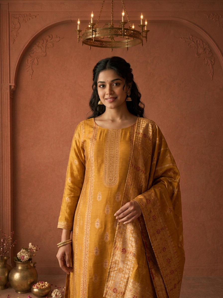 Mustard Silk Turquoise Zari Diagonal Jaal Weaved Three Piece Set
