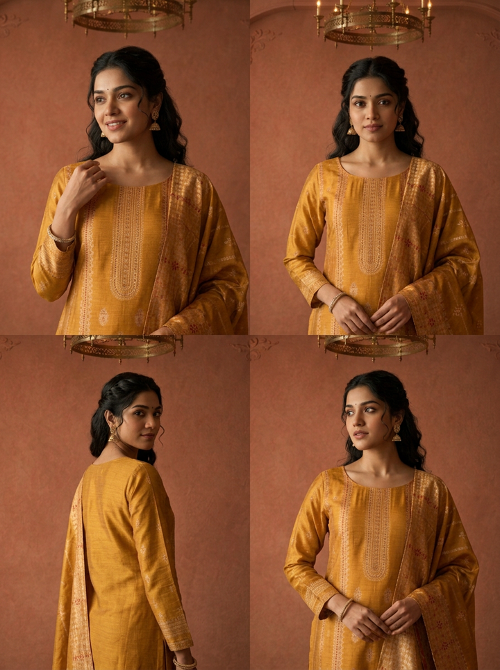 Mustard Silk Turquoise Zari Diagonal Jaal Weaved Three Piece Set