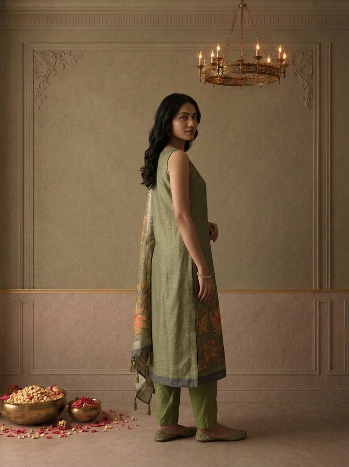 Mehadi Green Silk Vintage Floral Printed Three Piece Set