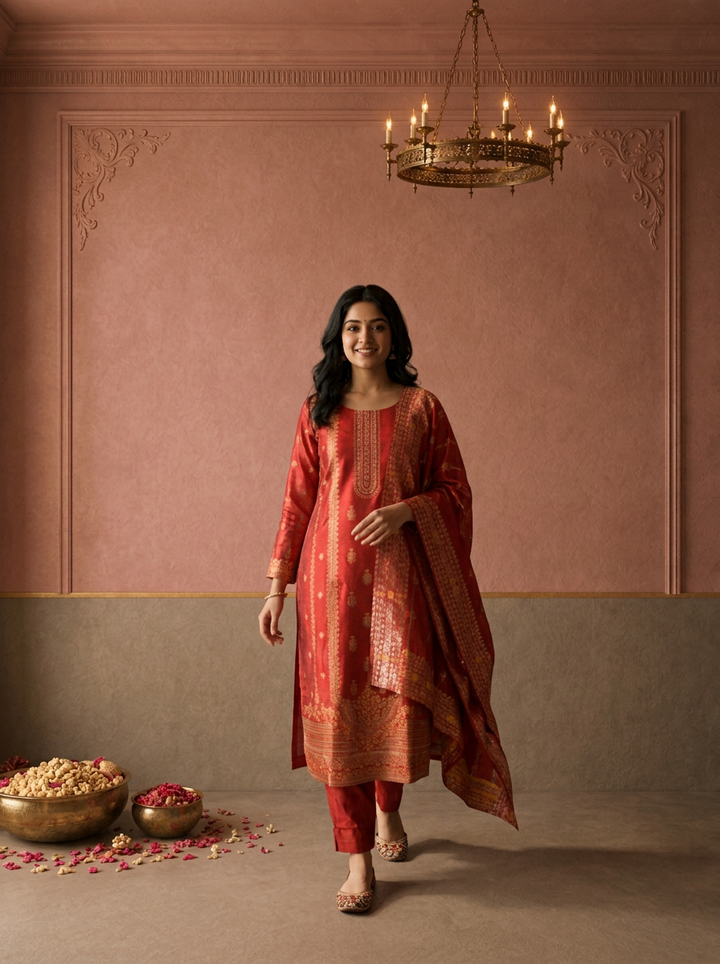 Red Silk Turquoise Zari Diagonal Jaal Weaved Three Piece Set
