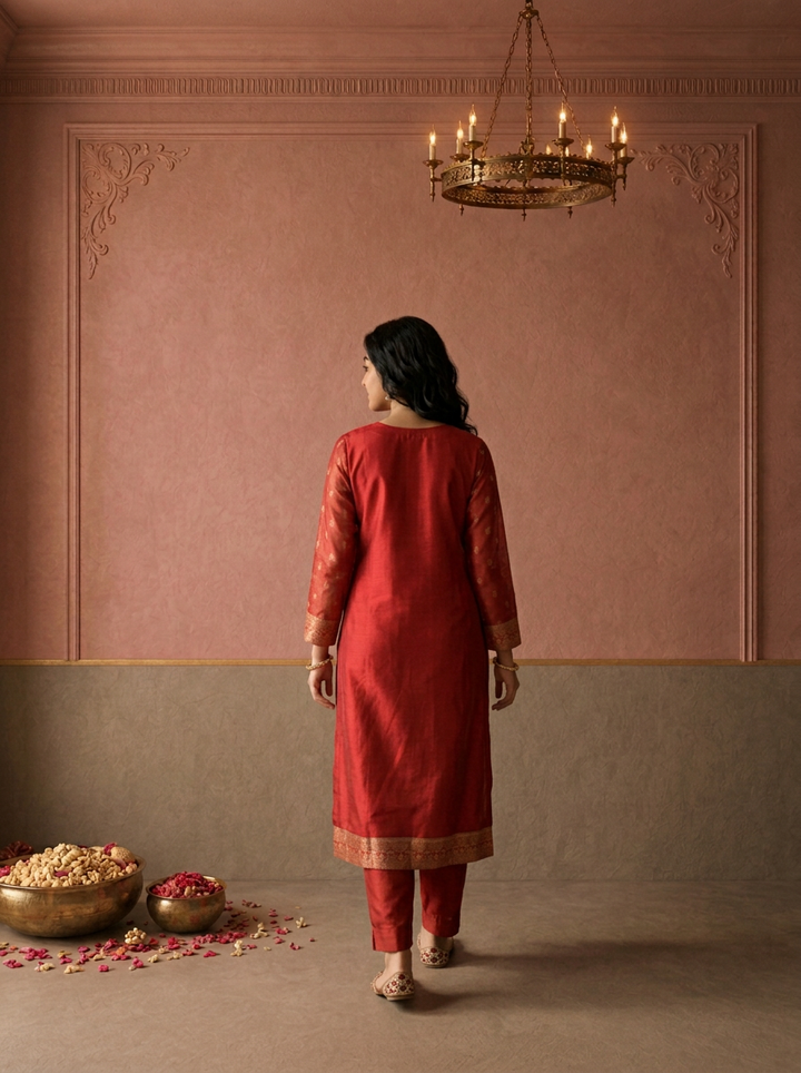 Red Silk Turquoise Zari Diagonal Jaal Weaved Three Piece Set