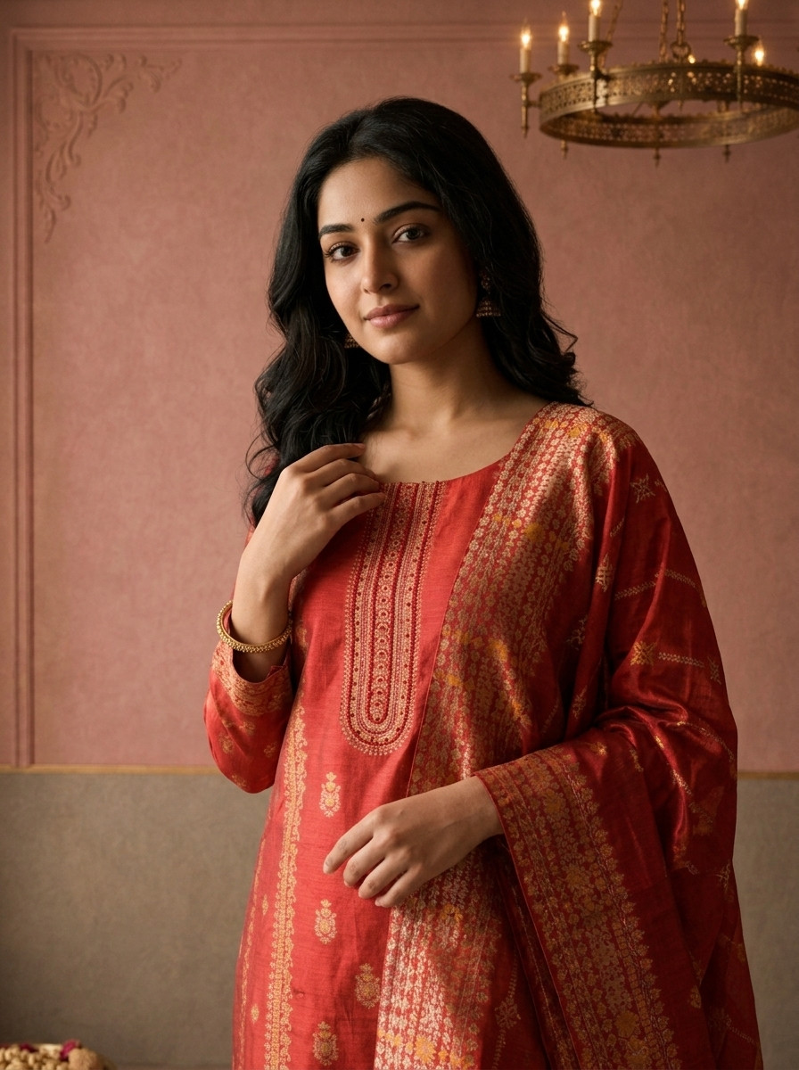 Red Silk Turquoise Zari Diagonal Jaal Weaved Three Piece Set