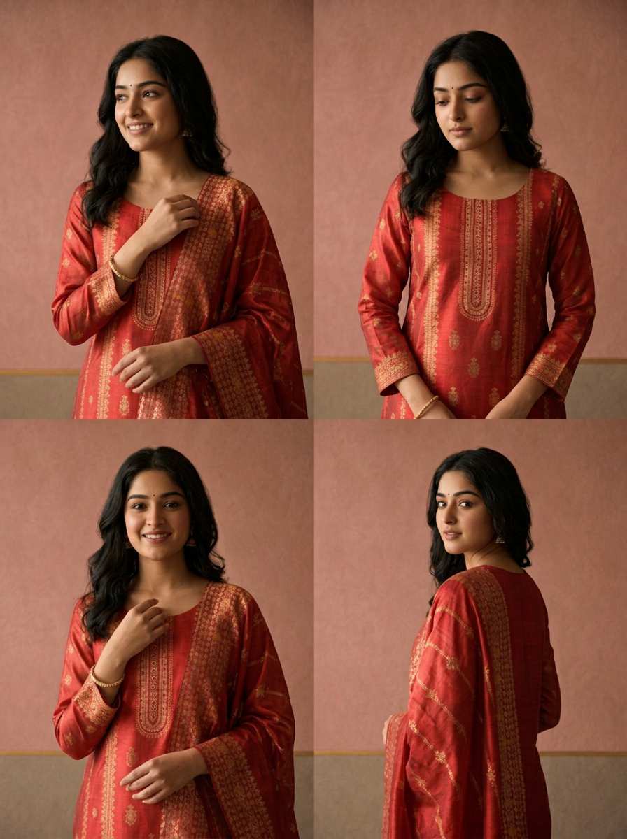 Red Silk Turquoise Zari Diagonal Jaal Weaved Three Piece Set
