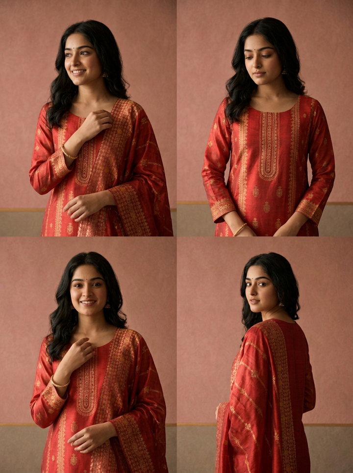 Red Silk Turquoise Zari Diagonal Jaal Weaved Three Piece Set