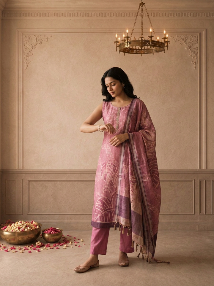 Magenta Silk Tropical Leaf Printed Three Piece Set