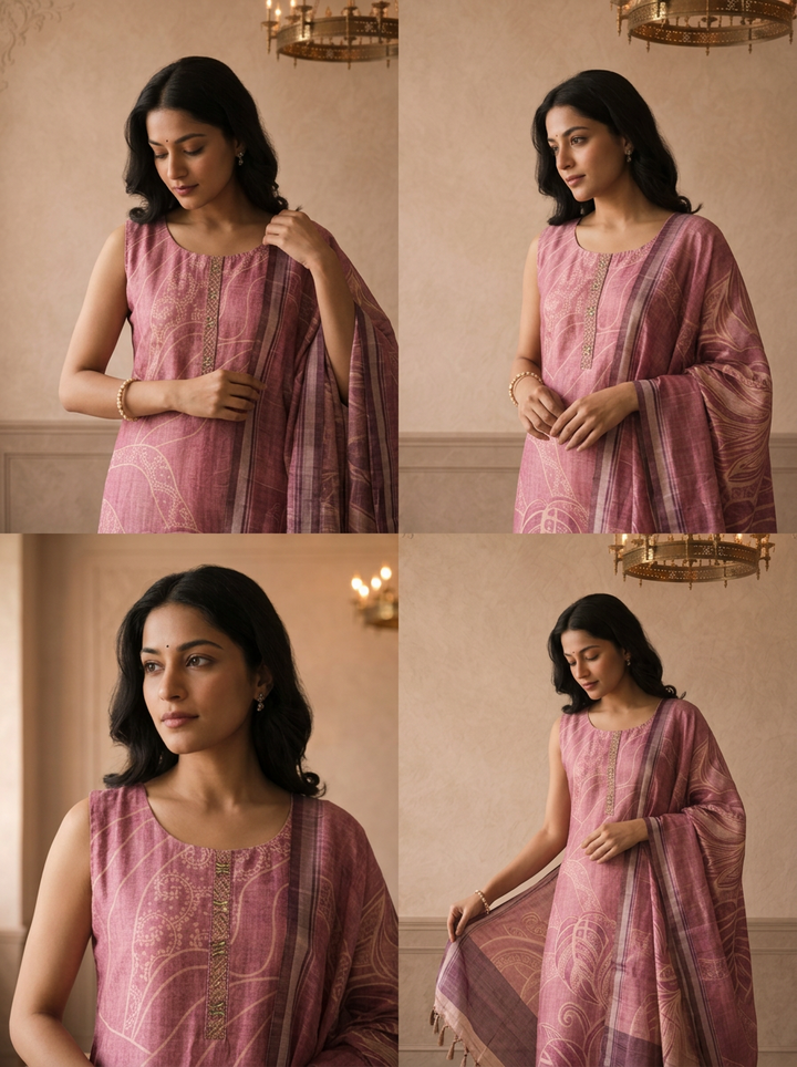 Magenta Silk Tropical Leaf Printed Three Piece Set
