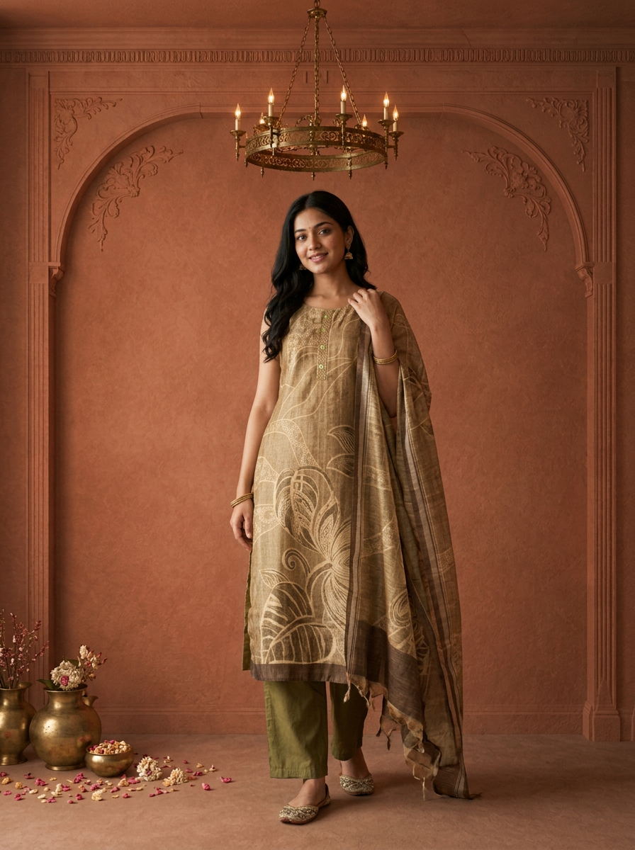 Mehadi Green Silk Tropical Leaf Printed Three Piece Set