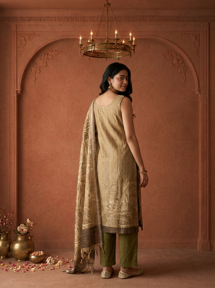 Mehadi Green Silk Tropical Leaf Printed Three Piece Set