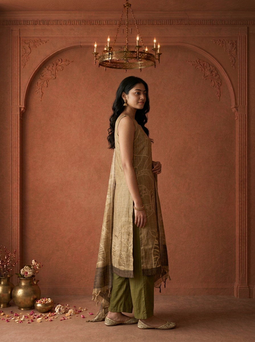 Mehadi Green Silk Tropical Leaf Printed Three Piece Set