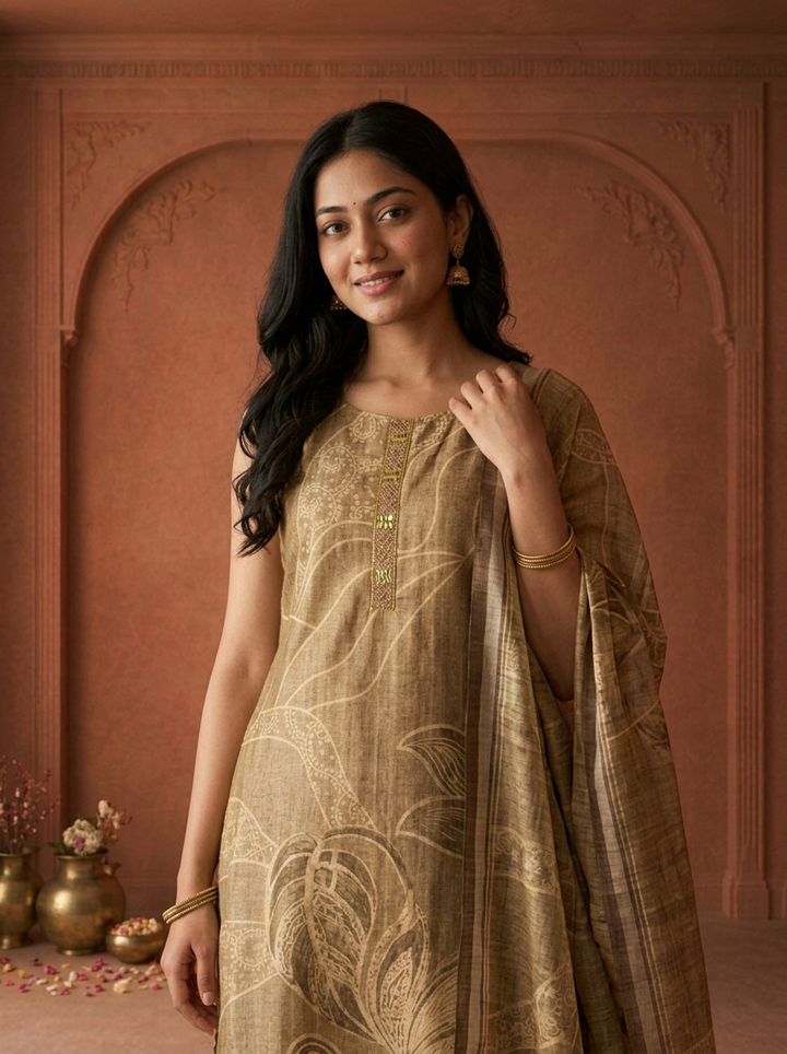 Mehadi Green Silk Tropical Leaf Printed Three Piece Set